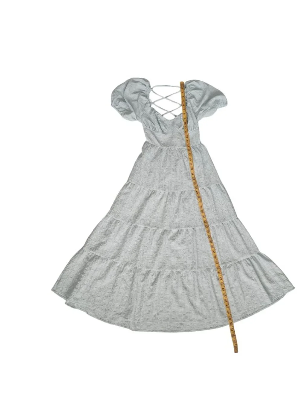Forever 21 Puff Sleeve Crisscross Tie Back Tiered Skirt Maxi Dress Size Medium - Picture 13 of 13